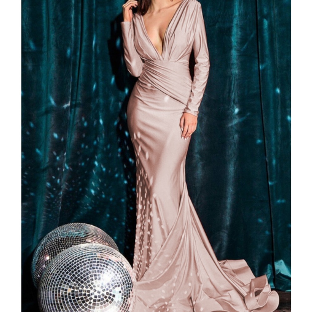 Fitted Jersey Long Sleeve Evening Gown Dusty Rose XL